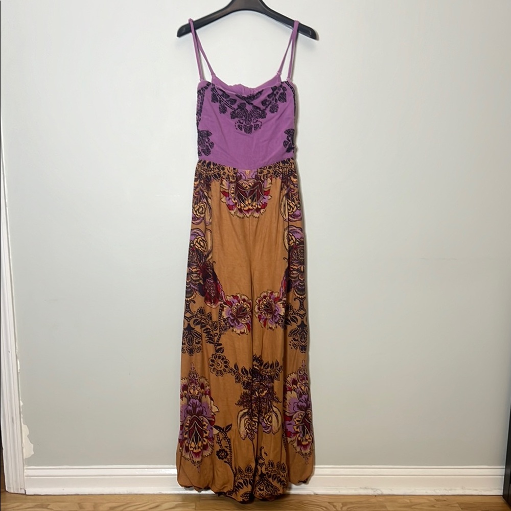 Free People Purple and Gold Asymmetrical Bubble Hem Romper